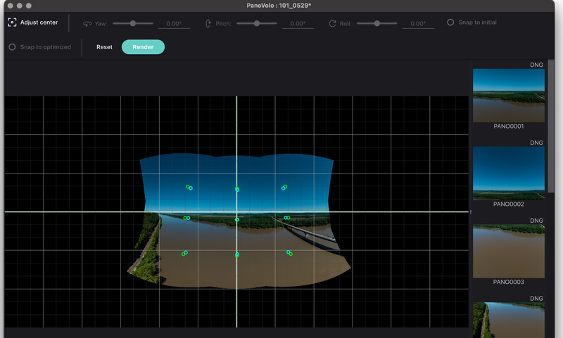 Screenshot of panorama stitching software showing control points mapped across multiple overlapping landscape photos.