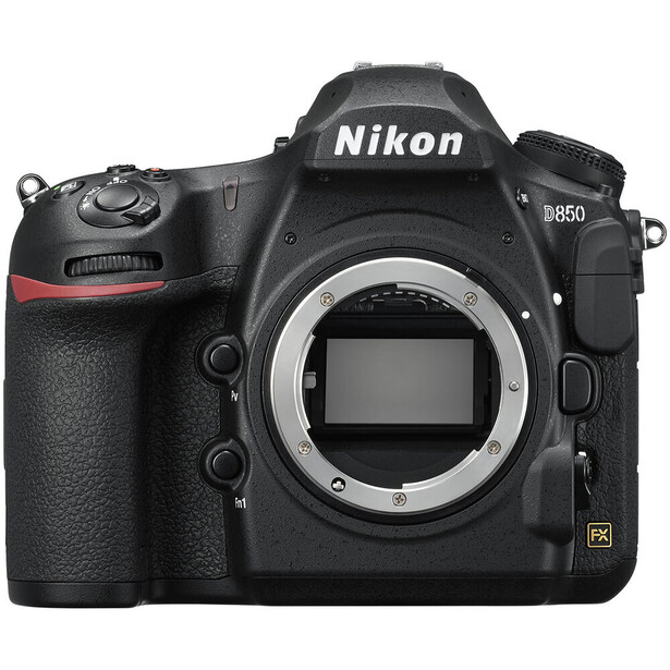 Nikon D850 DSLR camera body shown front-on with lens mount exposed.
