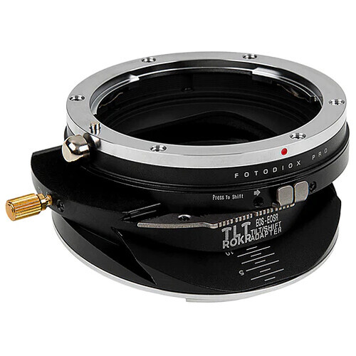 Fotodiox lens adapter with focus helicoid mechanism and brass components displayed on white background.