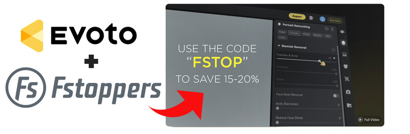 Screenshot of Evoto photo editing software showing blemish removal tools with promotional text for Fstoppers discount code.