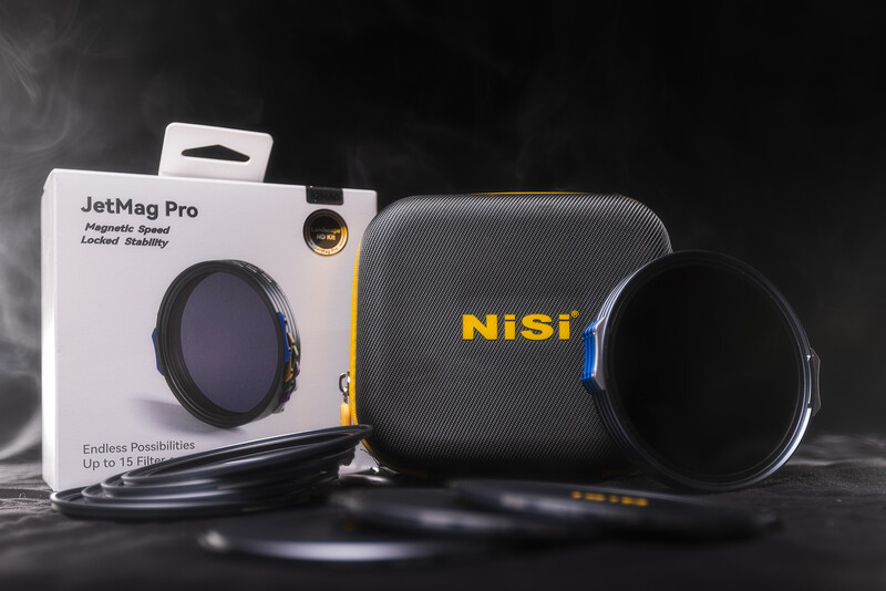 NiSi JetMag Pro magnetic filter system with carrying case and circular ND filter displayed on dark surface.