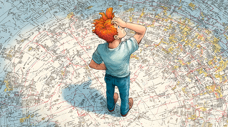 Illustration of a person with orange hair standing on a detailed city map, looking upward with hand to head.