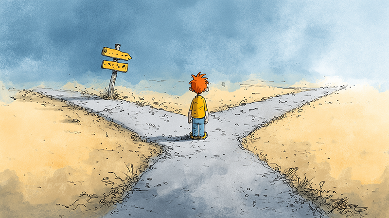 Illustration of a child with orange hair standing at a crossroads in a desert landscape, facing a directional sign.