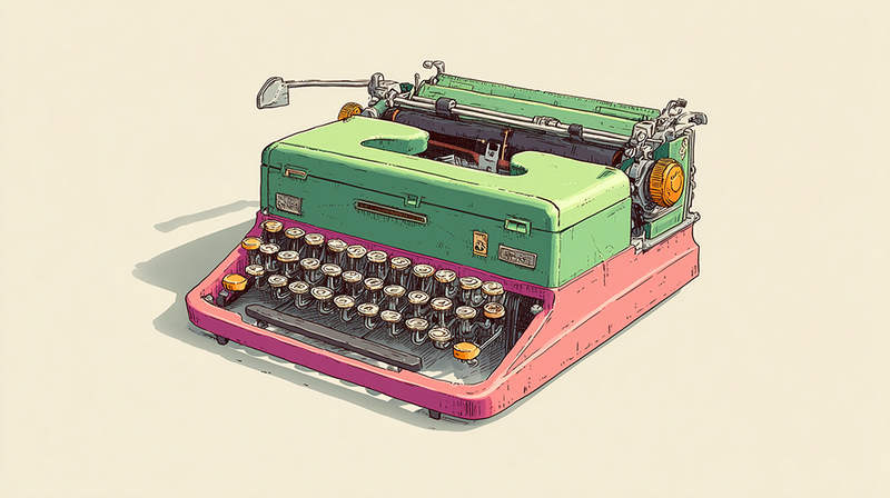Illustration of a vintage typewriter with green upper body, magenta base, and matching keyboard in isometric view.