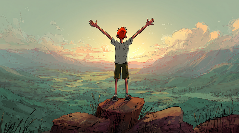 Illustration of a figure with raised arms standing triumphantly on a rock outcrop at sunset.