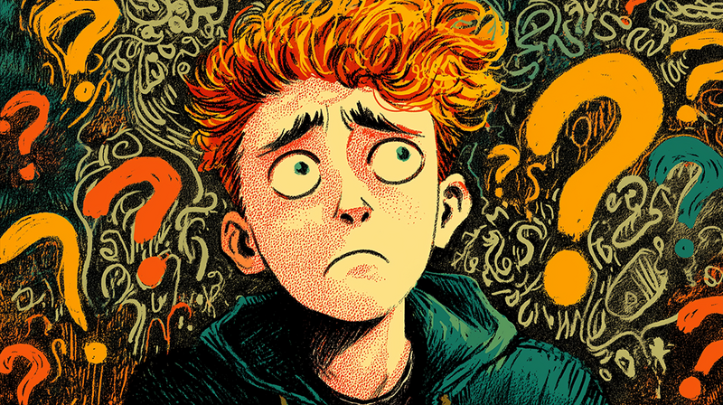 Illustration of a person with orange wavy hair and wide yellow eyes surrounded by ornate question marks.