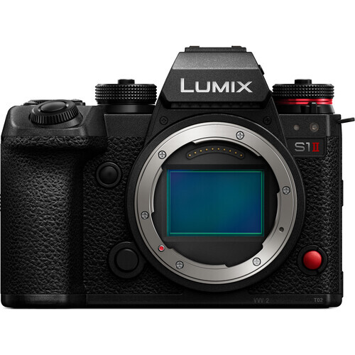 Panasonic Lumix S1R mirrorless camera body front view with lens mount open.