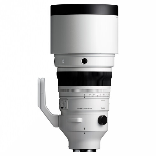 White telephoto lens with black grip and white barrel against white background.