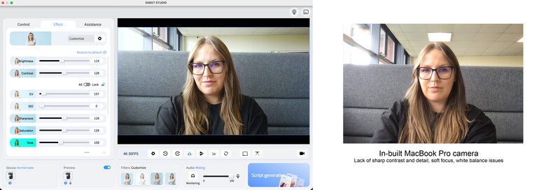 Screenshot of video editing software comparing a webcam video frame with a MacBook Pro camera recording of the same woman.