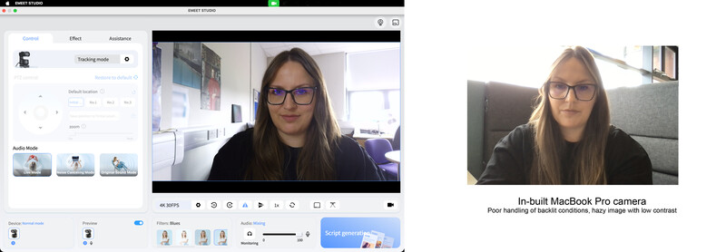 Screenshot of video editing software showing webcam footage comparison with poor backlit conditions.