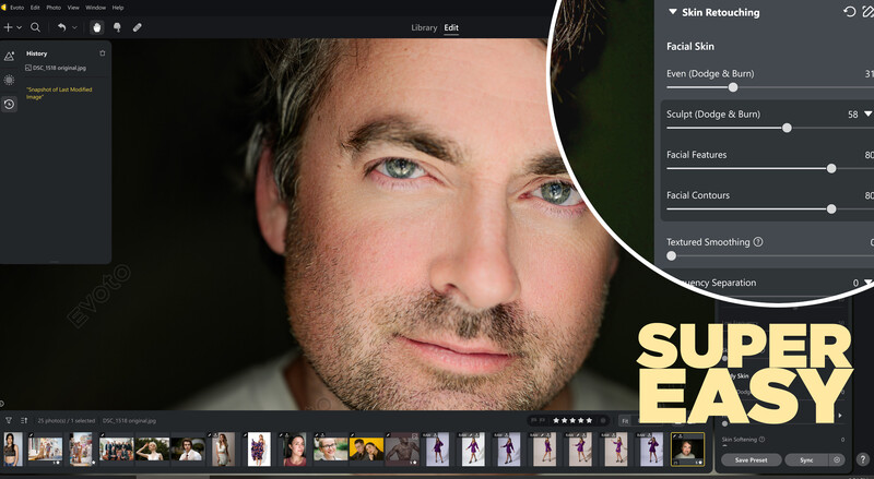 Screenshot of portrait retouching software showing skin smoothing and facial feature adjustments on a male headshot.