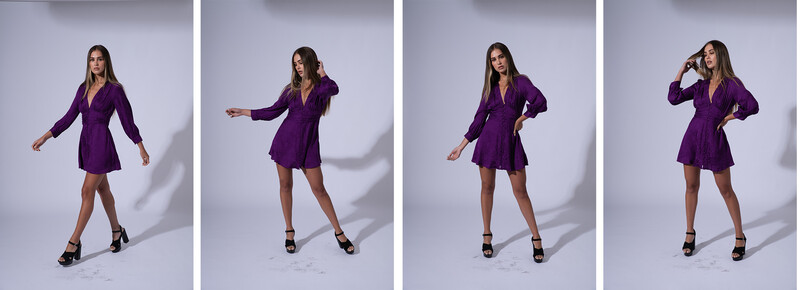 Woman in purple wrap dress posing in four different positions against white backdrop.