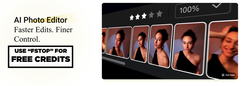 Screenshot of AI Photo Editor interface displaying five portrait editing variations of a woman with warm studio lighting.