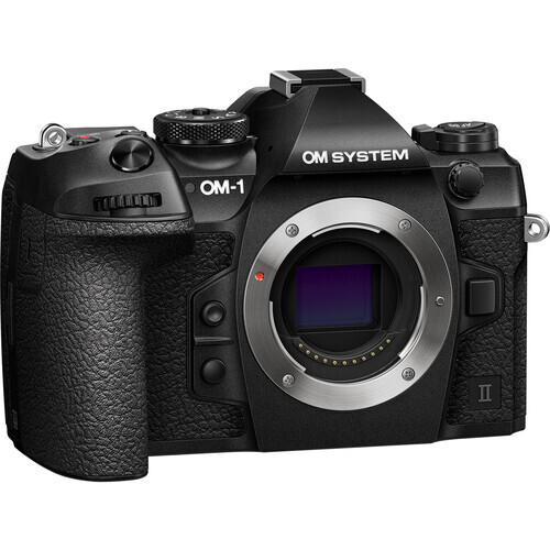 OM System OM-1 Mark II mirrorless camera body front view showing sensor and lens mount.