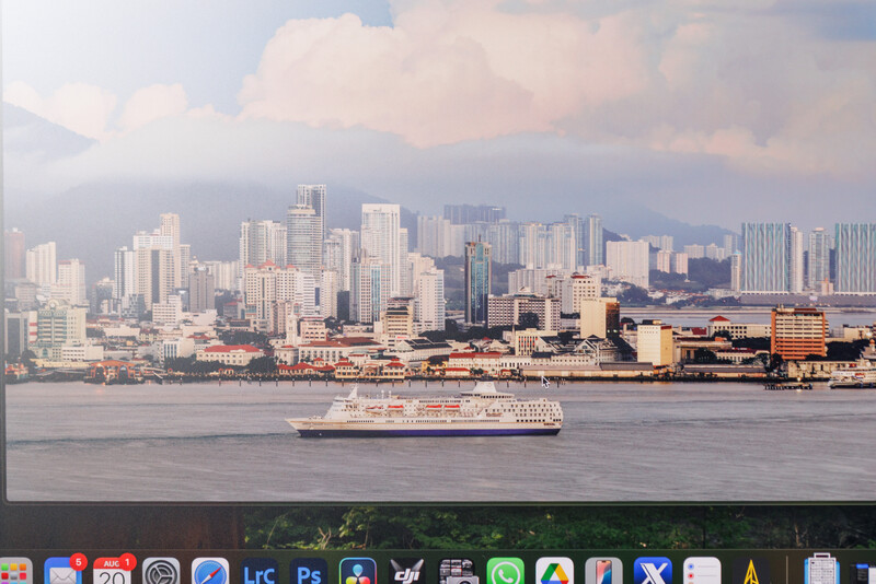 Large cruise ship on calm bay with downtown skyline and mountains in background.