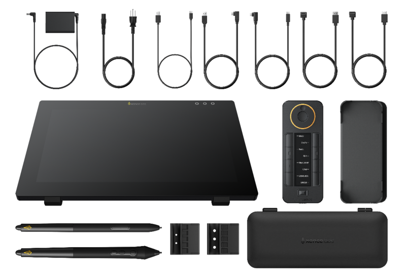 Illustration of a graphics tablet with stylus and complete accessory kit laid out flat.