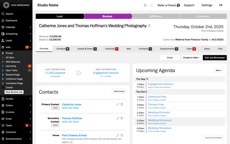 Screenshot of a studio management software interface displaying a wedding photography project timeline and schedule.
