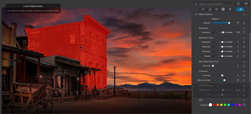 Screenshot of Local Adjustments panel in photo editing software with selective mask applied to red building structure.