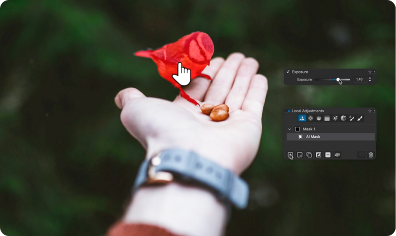 Hand holding a red flower and golden object with Photoshop adjustment panel visible on right side.