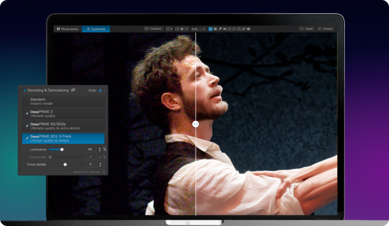 Screenshot of photo editing software showing a male performer mid-motion against dark background with adjustment panels visible.