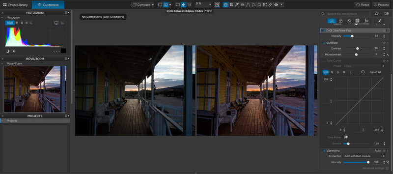 Screenshot of photo editing software showing before and after comparison of a lakeside cabin porch at sunset.