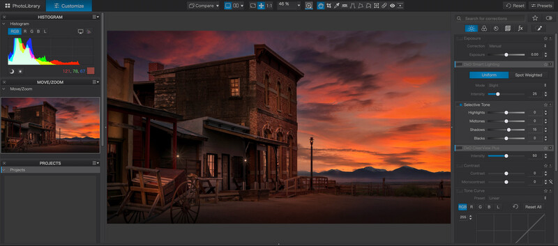 Screenshot of photo editing software showing a western saloon building at sunset with histogram and adjustment panels visible.