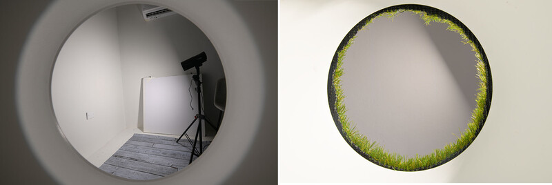 Two circular views: left shows a studio setup with lighting equipment inside a cylindrical tunnel; right shows the same tunnel framed by moss-covered edges.