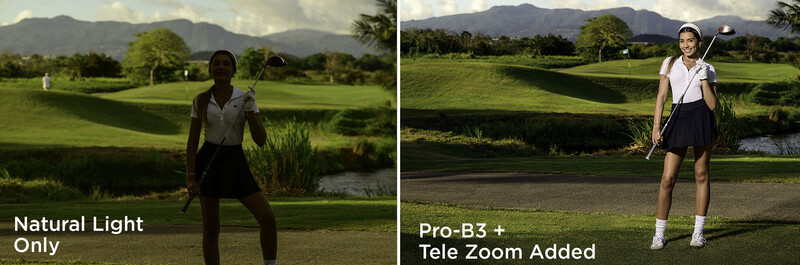 Side-by-side comparison of a golfer on a course shot in natural light versus with Pro-B3 filter and telephoto zoom.