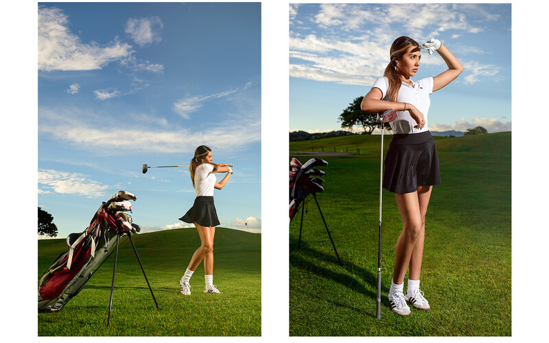 Two side-by-side portraits of a female golfer in athletic wear on a green fairway with golf bag and clubs.