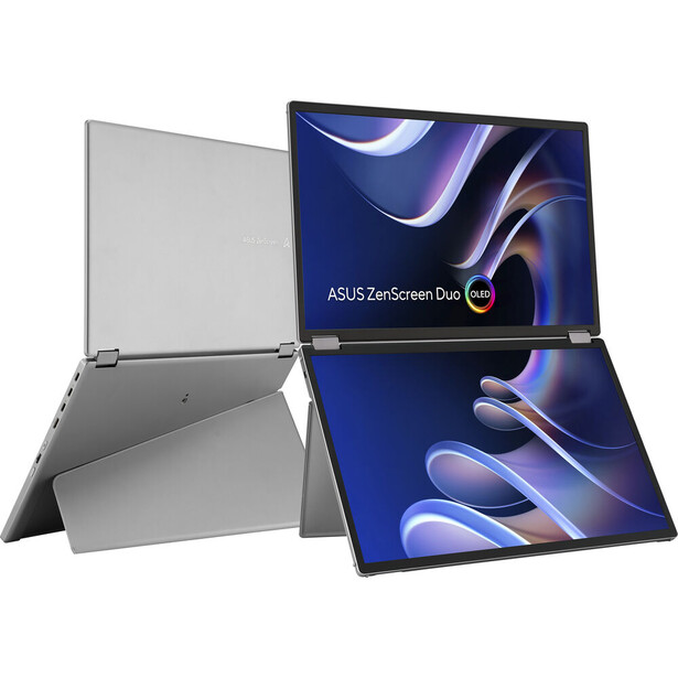 ASUS ZenScreen Duo portable dual-monitor display shown open with kickstand and closed position.