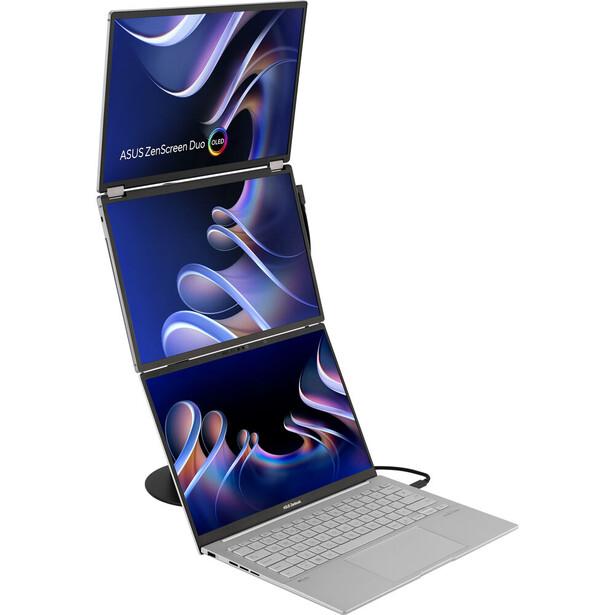 ASUS portable display with three stacked screens showing abstract blue and purple flowing graphics alongside a laptop keyboard.