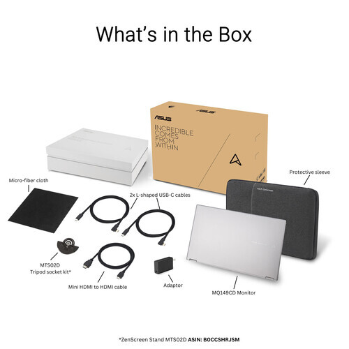 Illustration showing contents of a monitor box including cables, stand, microfiber cloth, and protective items.