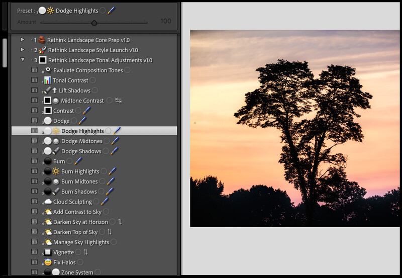 Rethink Landscape Toolkit showing Dodge Highlights preset