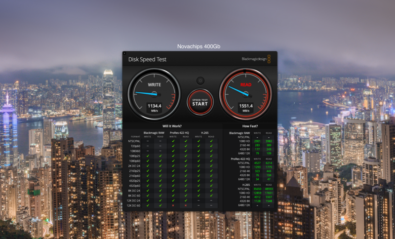 Screenshot of Novabench 4000s disk speed test software showing write and read performance metrics.