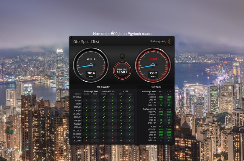 Screenshot of a disk speed test application showing write and read speed gauges overlaid on a cityscape.
