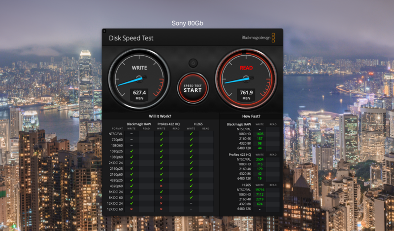 Screenshot of Sony 800b disk speed test showing write speed of 627.4 MB/s and read speed of 761.9 MB/s.