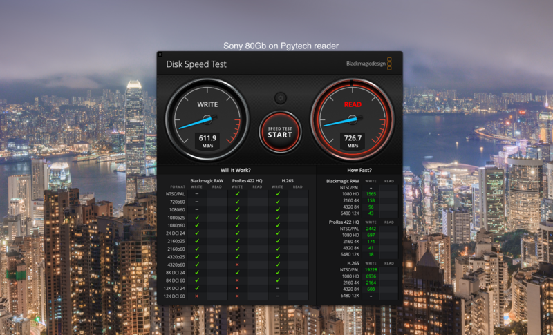 Screenshot of disk speed test software showing write speed of 611.8 MB/s and read speed of 726.7 MB/s.