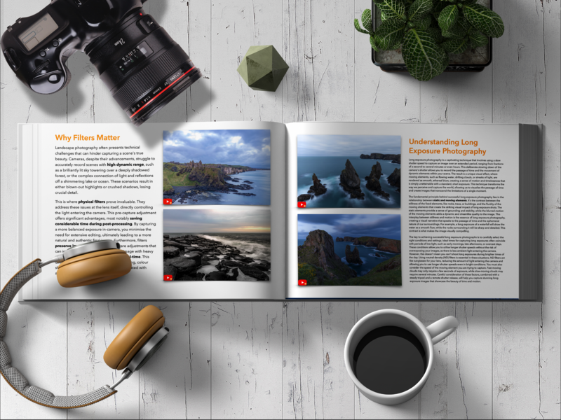 Flat lay of photography equipment and an open magazine spread featuring landscape images and articles.