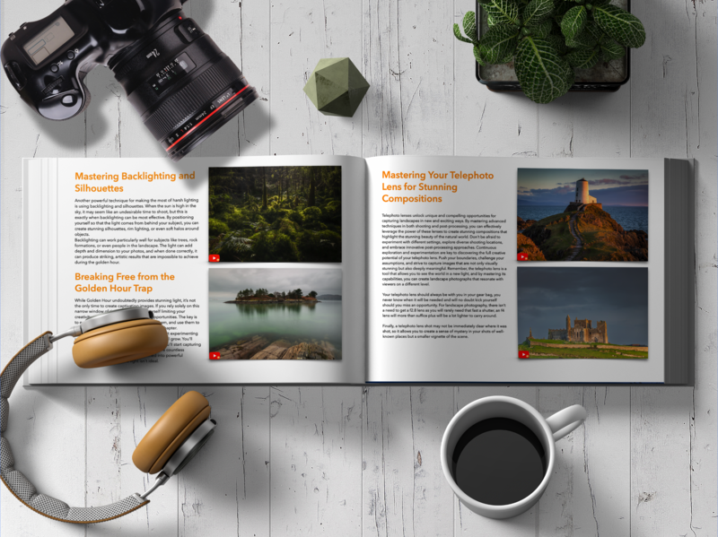 Flat lay workspace with open photography magazine, camera gear, headphones, coffee, and plants on white wooden surface.
