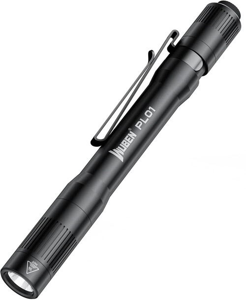 Black cylindrical LED pen light with clip and textured grip against white background.