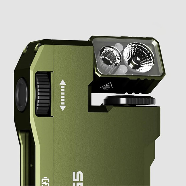 Olive green compact camera with dual flash units mounted on top and control buttons on the side.