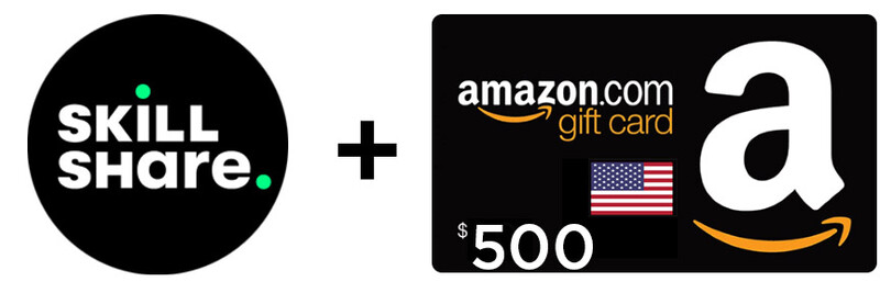 Skillshare logo plus Amazon.com $500 gift card graphic.