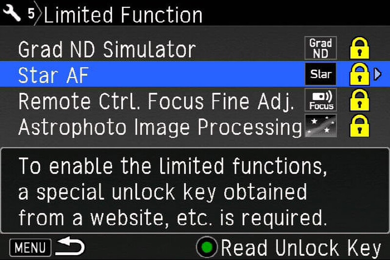 Screenshot of camera software menu showing limited functions locked behind an unlock key requirement.