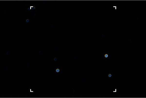 Screenshot showing a dark interface with corner bracket guides and four blue circular focus points scattered across the frame.
