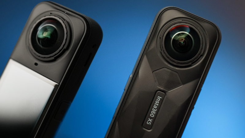 Two compact action cameras with wide-angle lenses positioned against a blue gradient background.