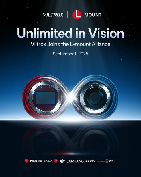 Graphic illustration showing two camera lens mounts side by side with red and blue glowing effects against a dark starry background.