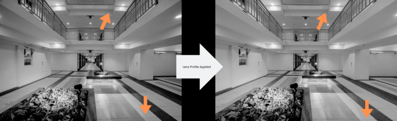 Side-by-side comparison of an underground parking garage interior, with orange arrows indicating lens distortion correction applied to the right image.
