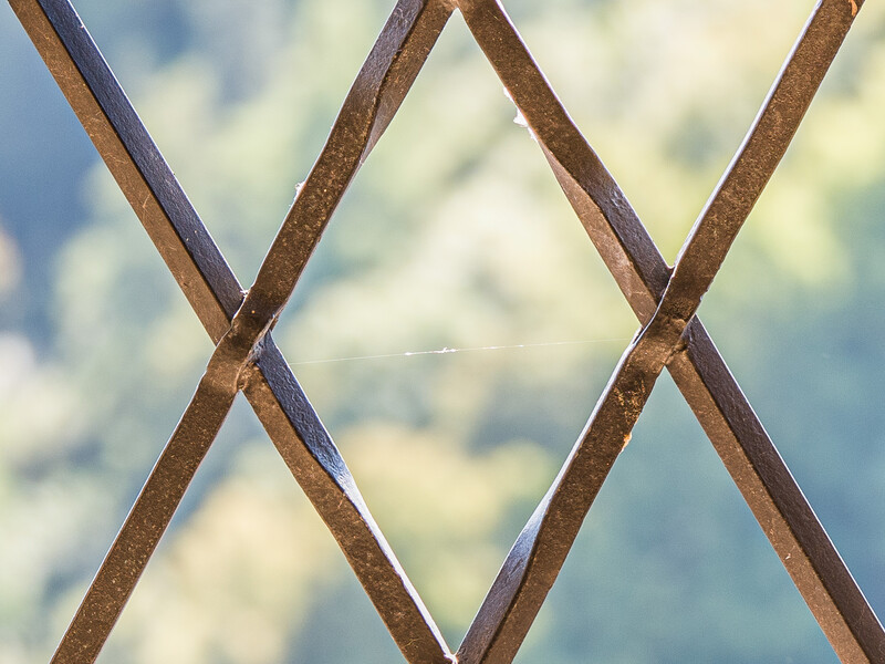 Rusty metal lattice fence with X-pattern crossed bars against a soft, blurred background.