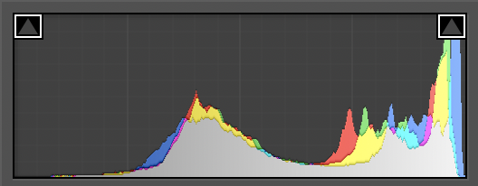 Histogram showing a multimodal distribution with peaks in shadows, midtones, and highlights across the tonal range.