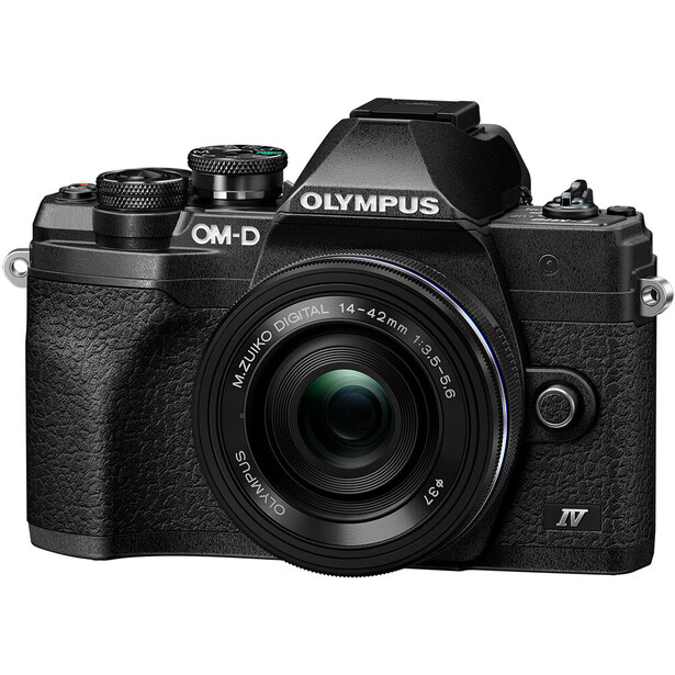 Olympus OM-D mirrorless camera with M.Zuiko 14-42mm lens attached, shown from front angle.